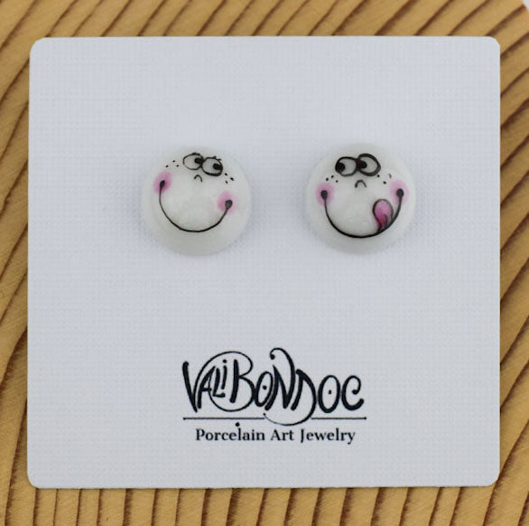 Porcelain stud earrings created and hand-painted by Vali Bondoc with high temperature ceramic dyes and gold