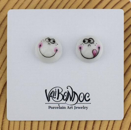 Porcelain stud earrings created and hand-painted by Vali Bondoc with high temperature ceramic dyes and gold