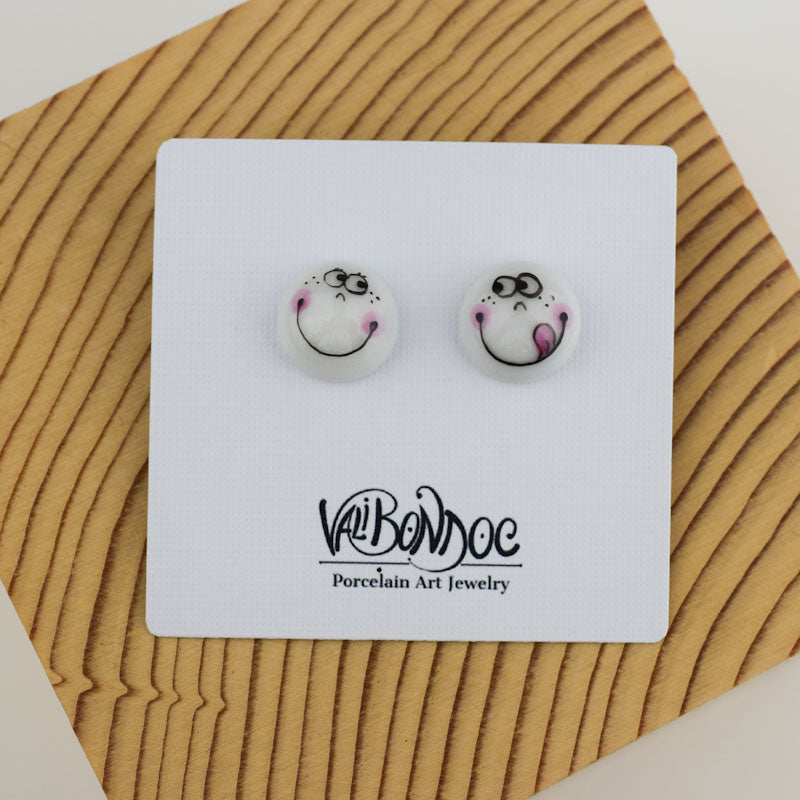 Porcelain stud earrings created and hand-painted by Vali Bondoc with high temperature ceramic dyes and gold