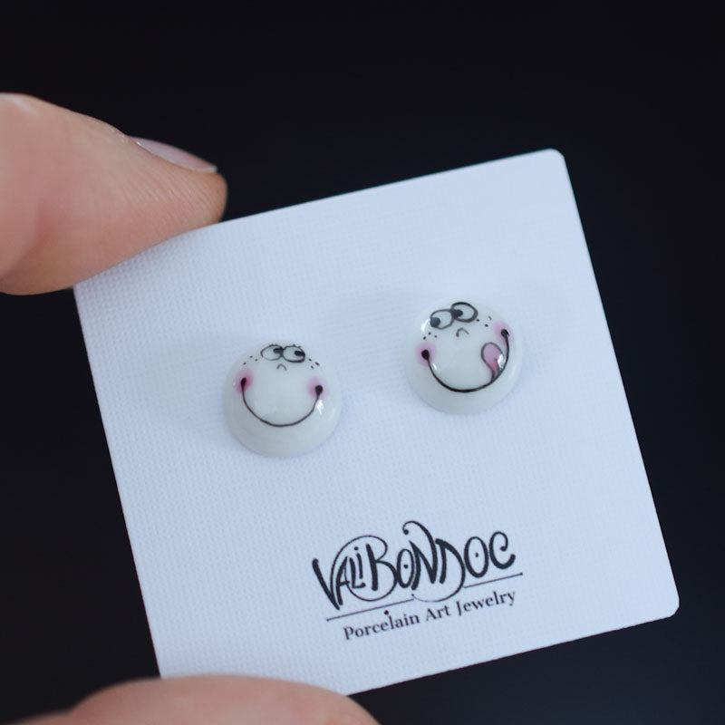 Porcelain stud earrings created and hand-painted by Vali Bondoc with high temperature ceramic dyes