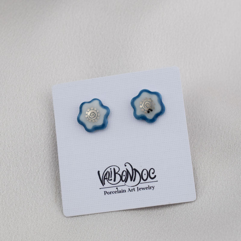 Porcelain stud earrings created and hand-painted by Vali Bondoc with high temperature ceramic dyes and gold