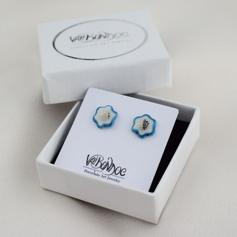 Porcelain stud earrings created and hand-painted by Vali Bondoc with high temperature ceramic dyes