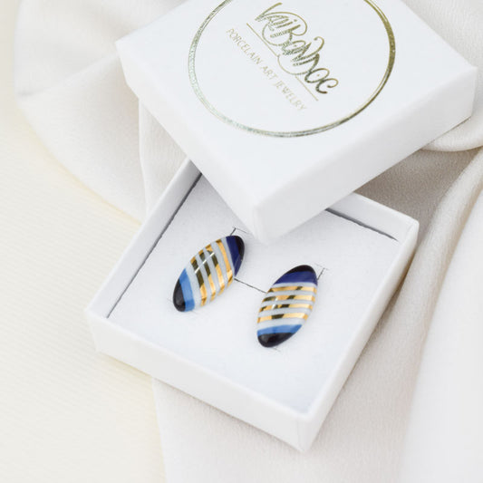 Cercei butoni din portelan - Cercei cu dungi elipsa