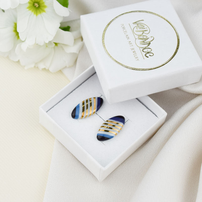 Cercei butoni din portelan - Cercei cu dungi elipsa