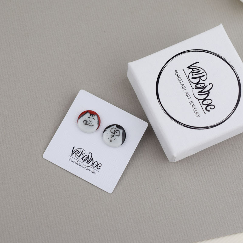 Porcelain stud earrings created and hand-painted by Vali Bondoc with high temperature ceramic dyes and gold