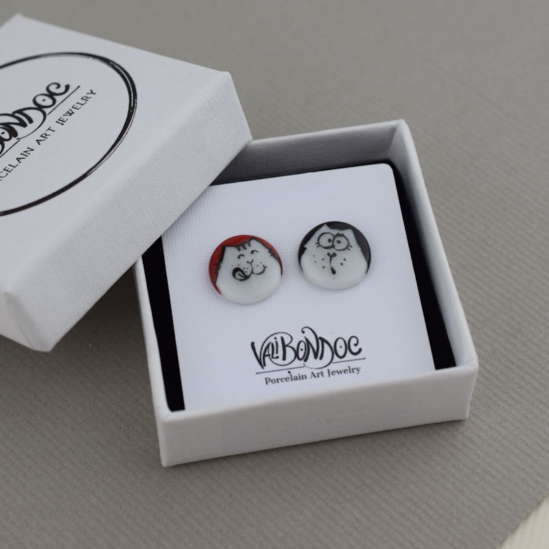 Porcelain stud earrings created and hand-painted by Vali Bondoc with high temperature ceramic dyes and gold