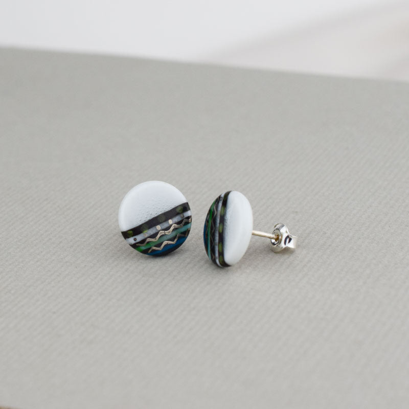 Porcelain stud earrings created and hand-painted by Vali Bondoc with high temperature ceramic dyes and gold