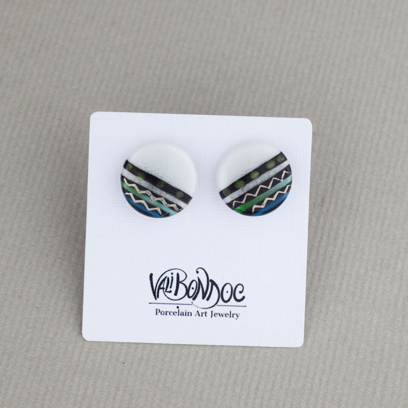 Porcelain stud earrings created and hand-painted by Vali Bondoc with high temperature ceramic dyes and platinum