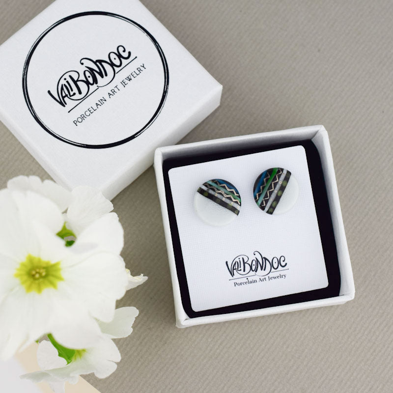 Porcelain stud earrings created and hand-painted by Vali Bondoc with high temperature ceramic dyes
