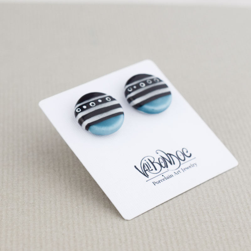 Cercei butoni din portelan - Rotunjori cu dungi