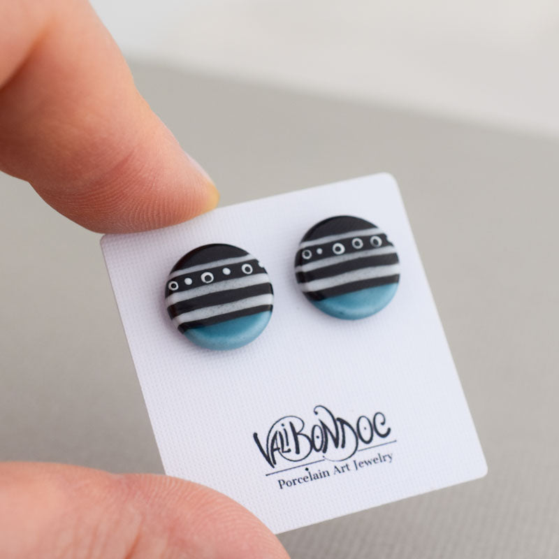 Cercei butoni din portelan - Rotunjori cu dungi