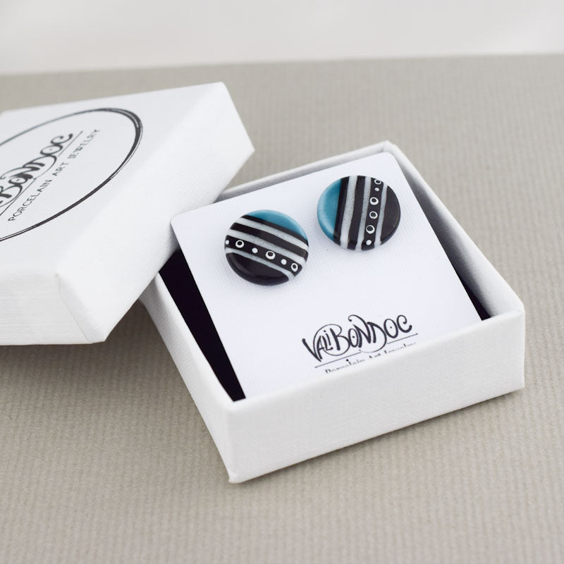 Cercei butoni din portelan - Rotunjori cu dungi