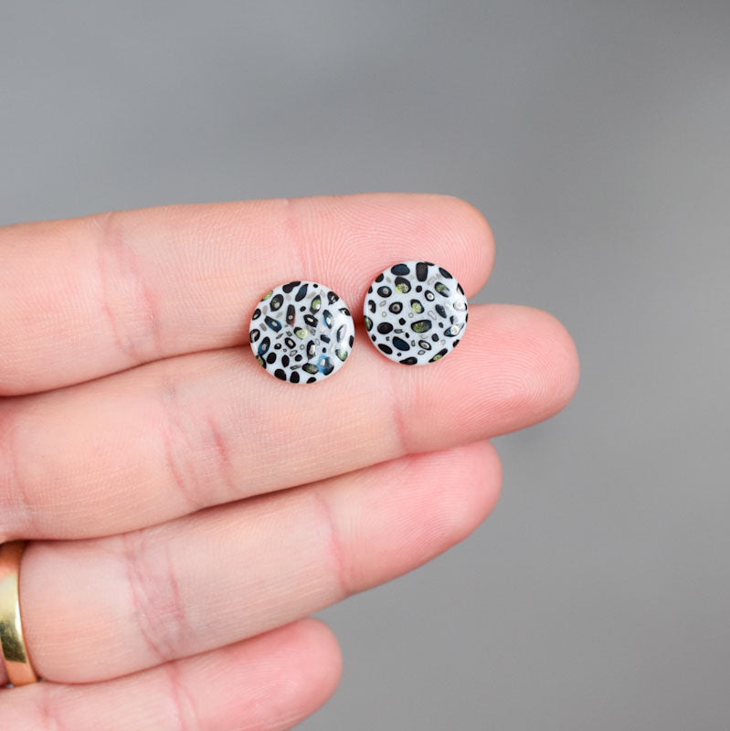 Porcelain stud earrings created and hand-painted by Vali Bondoc with high temperature ceramic dyes