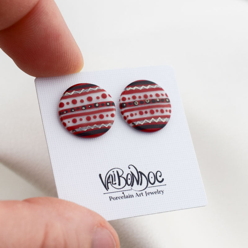 Porcelain stud earrings created and hand-painted by Vali Bondoc with high temperature ceramic dyes and platinum