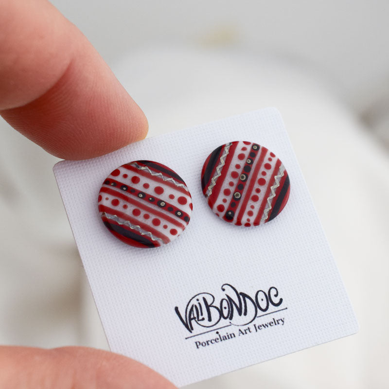 Porcelain stud earrings created and hand-painted by Vali Bondoc with high temperature ceramic dyes and platinum