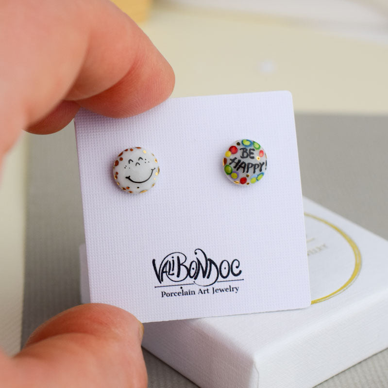 Porcelain stud earrings created and hand-painted by Vali Bondoc with high temperature ceramic dyes