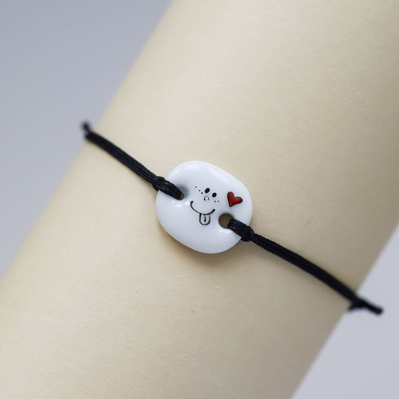 Smiley face with heart .Porcelain bracelet handmade and hand painted by Vali Bondoc